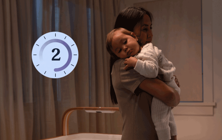 An animated series of images illustrating that it takes only 2 minutes for the Cradlewise crib to receive an Over the Air (OTA) update, which is provided every 2 weeks, ensuring the crib is always up to date with the latest features and enhancements.